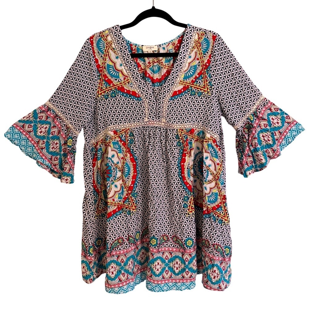 Umgee Tunic Top Mini Dress Medium Blue Red Boho Babydoll Bell Sleeve Crochet